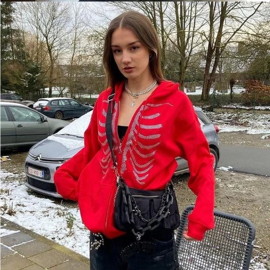 Rhinestone Gothic Skeleton Zip-Up Hoodie