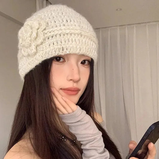 Sparkle Flowers Knit Beanie