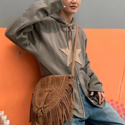 Retro Star Patch Zip-Up Hoodie
